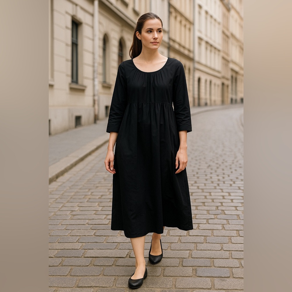 Black‎ cotton babydoll midi Dress pockets summer whimsical minimalist boho small